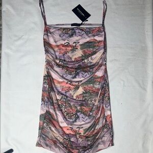 PLT LILAC ORIENTAL PRINT MESH BODYCON DRESS